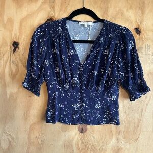 Simple Retro Purple Floral Puff Sleeve Ruffle Trim Button Front Blouse Sz M